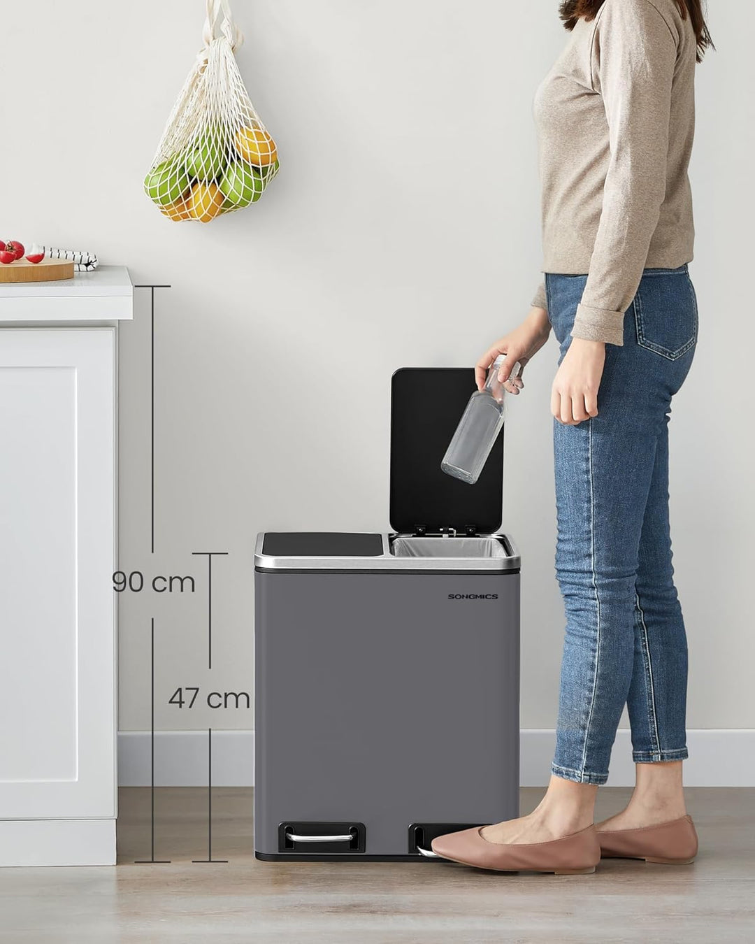 SONGMICS Mülleimer Küche, 2 x 15 Liter, Mülltrennsystem 2 Fächer, inklusive 15 Müllbeutel, Abfalleim