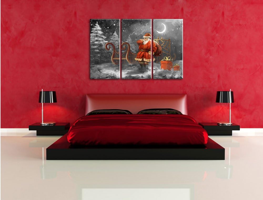 Pixxprint der erschöpfte Weihnachtsmann mit Geschenken B&W Detail 3-Teiler Leinwandbild 120x80 Bild