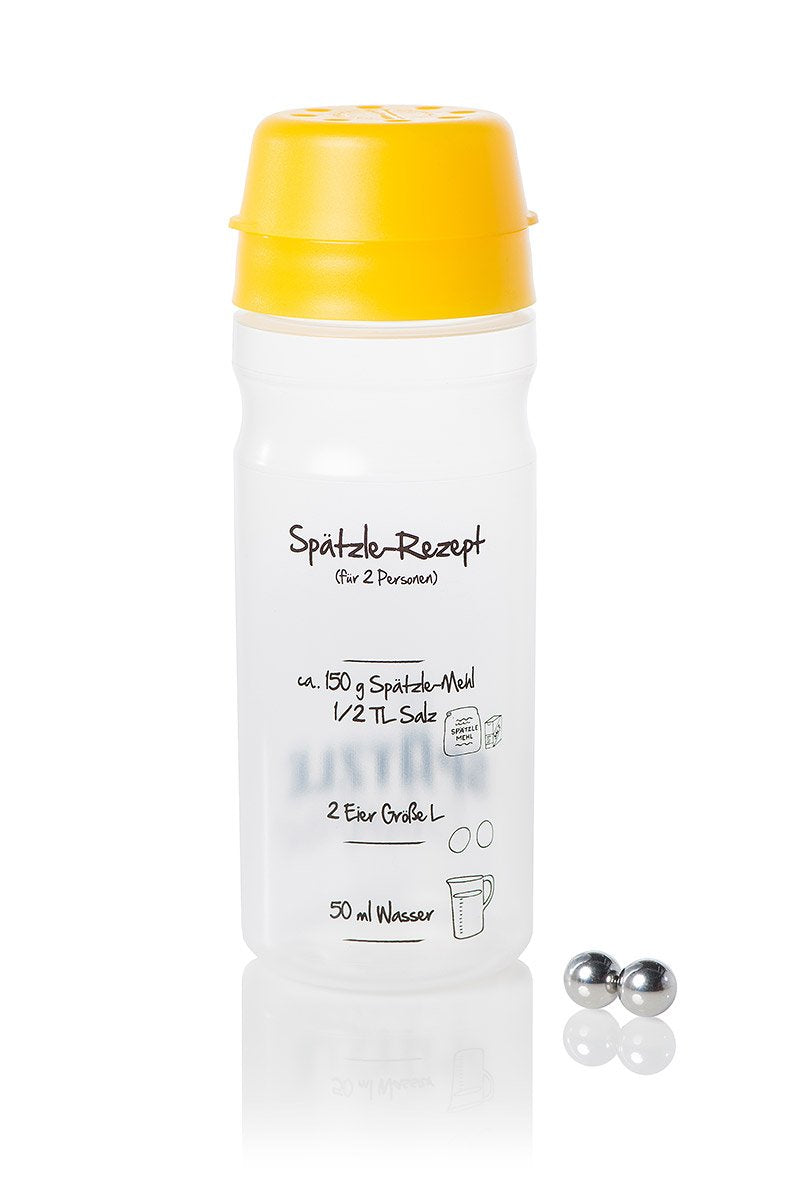 Spätzle-Shaker (GELB) für 2 Portionen selbstgemachte Spätzle (675ml) Spätzlepresse und Mixer in eine