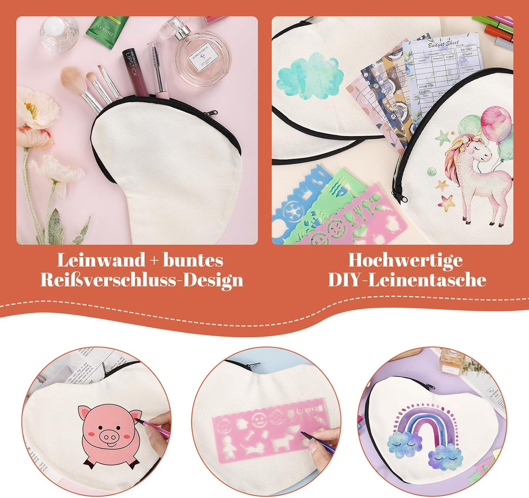 10 Herzförmige Stoffbeutel zum Bemalen, DIY Federmäppchen mit 12 Buntstiften und 4 Malschablonen