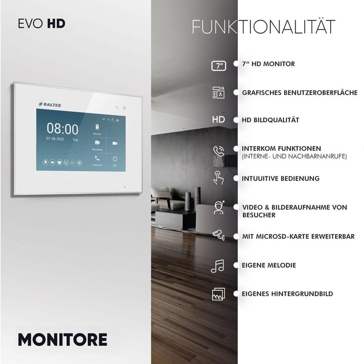 Balter EVO HD Silber/Weiss Video Türsprechanlage Set für 1 Familienhaus (1x Türstation mit Full HD-K