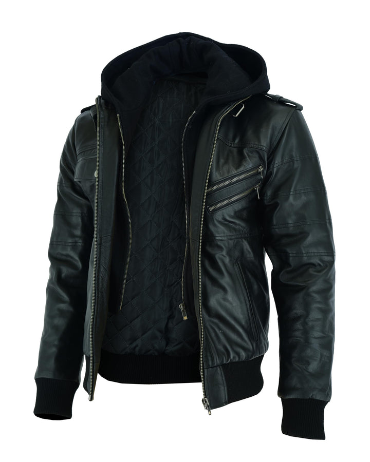 Vance Herren Echt Lederjacke aus 100% Rindsleder Abnehmbarer Hoodie S Schwarz, S Schwarz