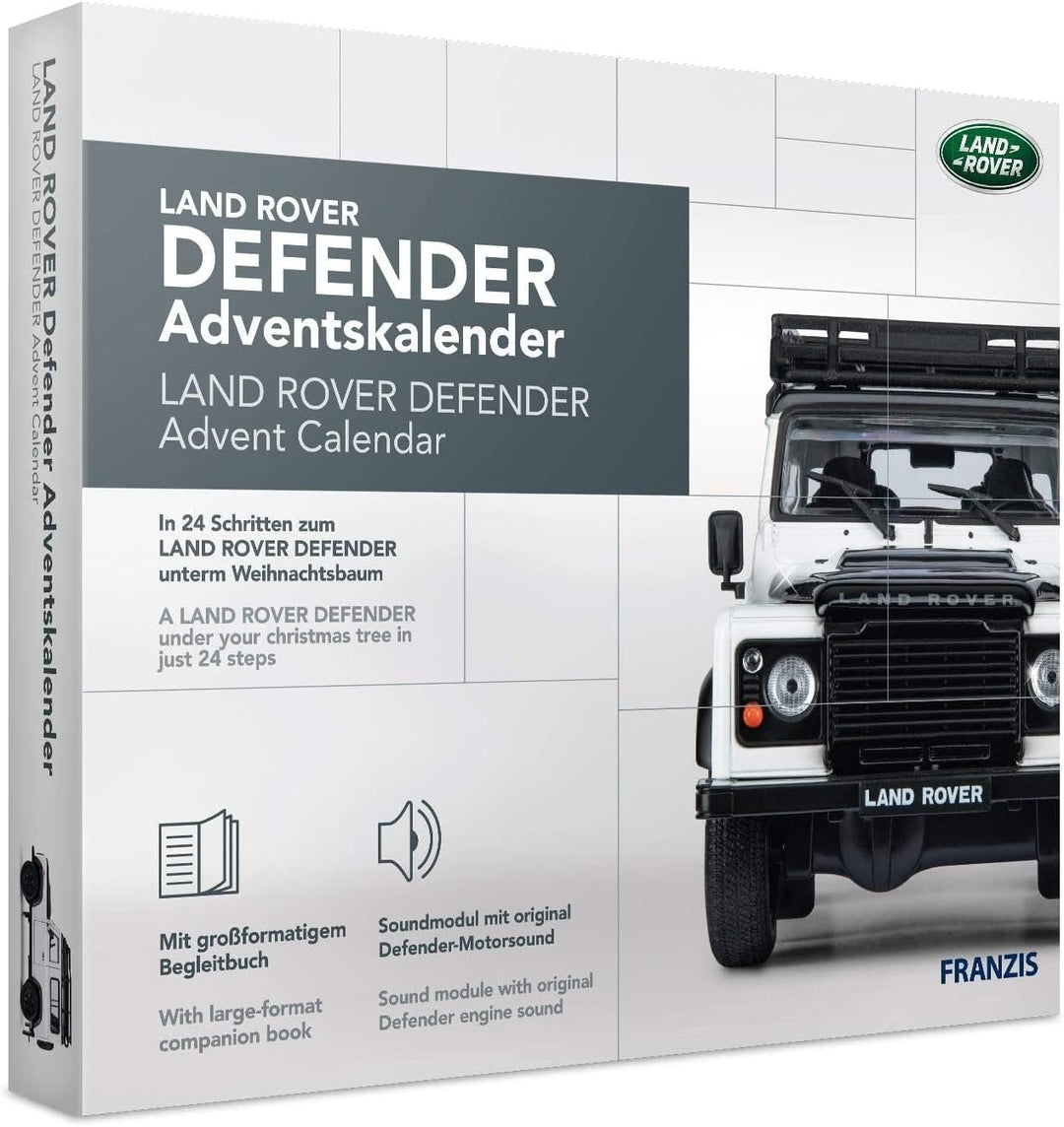FRANZIS 67155 - Land Rover Defender Adventskalender, Metall Modellbausatz im Massstab 1:43, inkl. So