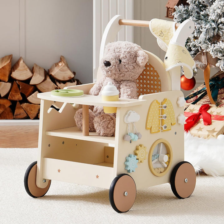 ROBOTIME Holz-Babywalker als Kinderwagen-Spielzeug, mit Geschwindigkeitskontrolle und Unter-Sitz-Auf
