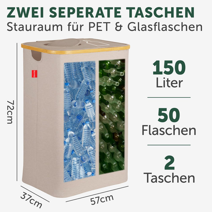 Blumtal Pflandflaschen Sammelbehälter 150L mit 2 Fächern - Bambus Pfandflaschen Organizer mit Flasch