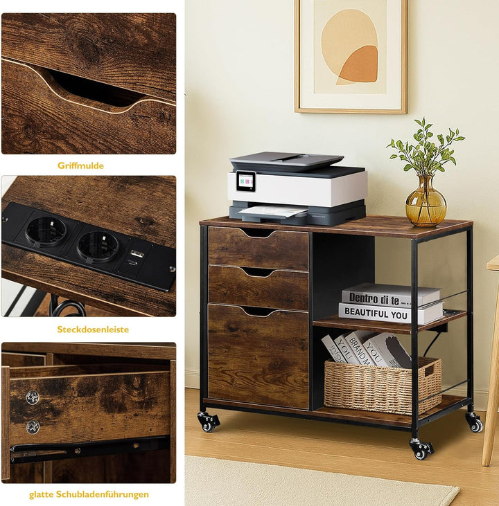 CLIPOP Rollcontainer mit 3 Schubladen und 2 Offene Fächer, mobiler Aktenschrank mit Steckdose, Büros
