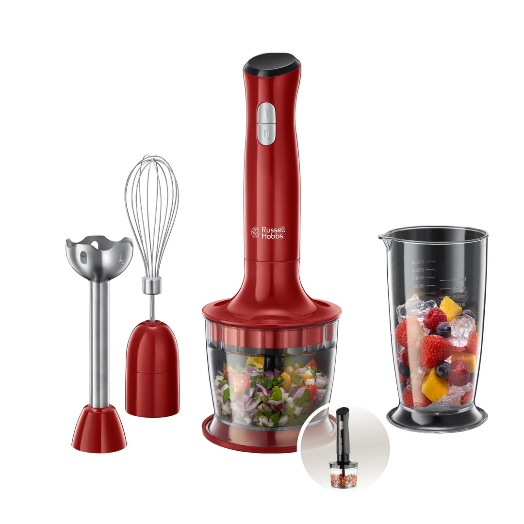 Russell Hobbs Stabmixer [3-in-1: Pürierstab/Zerkleinerer, Mixer- & Schneebesenaufsatz] Desire Rot (B