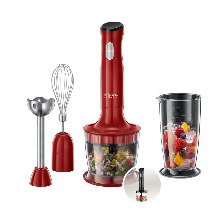 Russell Hobbs Stabmixer [3-in-1: Pürierstab/Zerkleinerer, Mixer- & Schneebesenaufsatz] Desire Rot (B