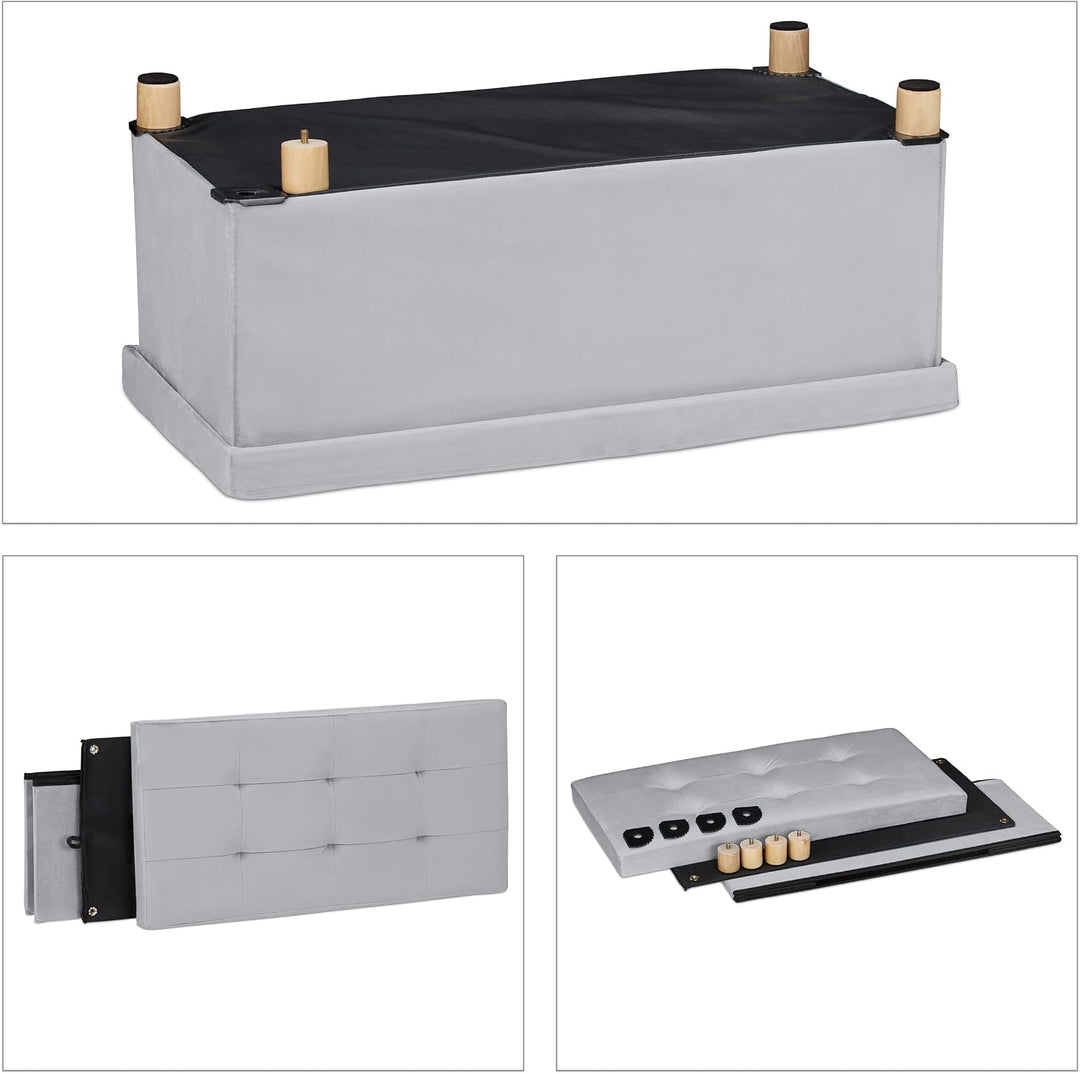 Relaxdays Sitzbank mit Stauraum, Polster, Samtbezug, Holzfüsse, bis 120 kg, faltbar, Sitztruhe HBT: