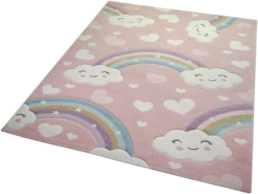Teppich-Traum Kinderteppich Kinderzimmerteppich Regenbogen mit Wolken und Herzen in rosa Grösse 160x