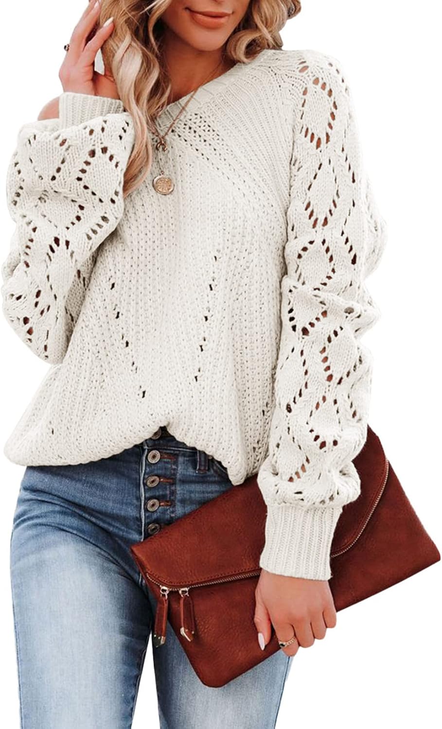 Dokotoo Damen Strickpullover Elegant Rundhals Pullover Langarm Grobstrick Pulli Herbst Winter Einfar