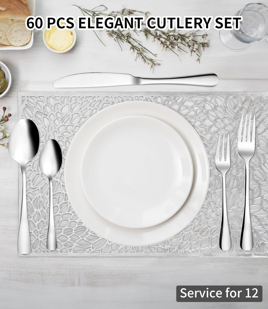 Besteck Set 12 Personen, 60 teilig Edelstahl Bestecksets, mit Steakmesser, Elegantes Essbesteck, Hoc