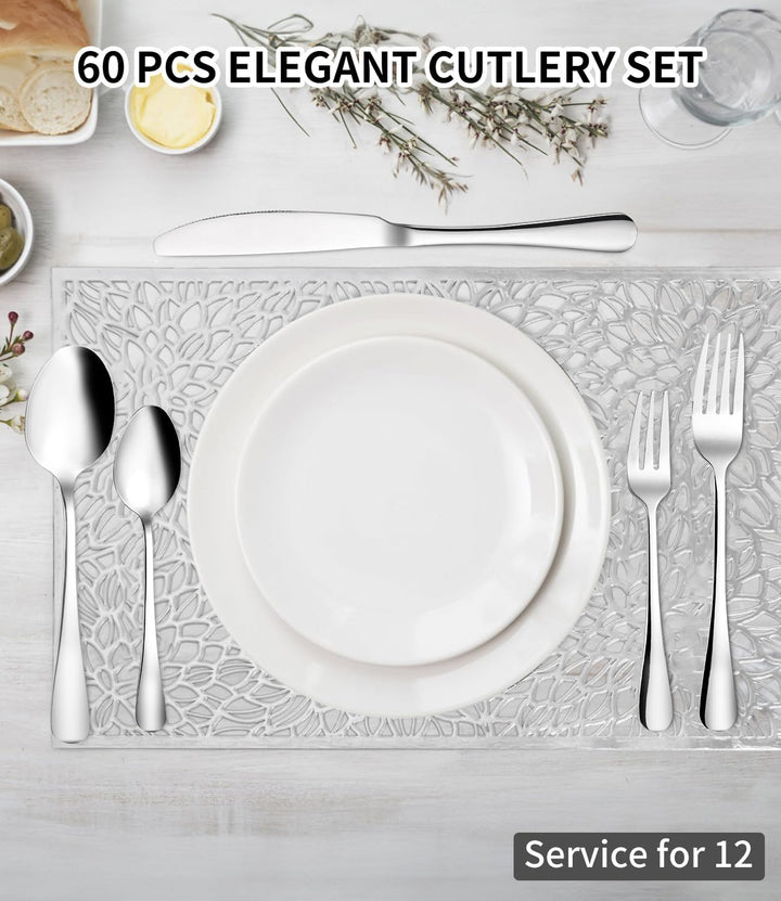 Besteck Set 12 Personen, 60 teilig Edelstahl Bestecksets, mit Steakmesser, Elegantes Essbesteck, Hoc