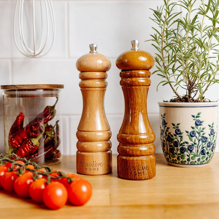 Creative Home Grosse Salz und Pfeffermühle Holz | Set von 2 Mühlen mit Mini-Holzschaufel | 18cm Höhe
