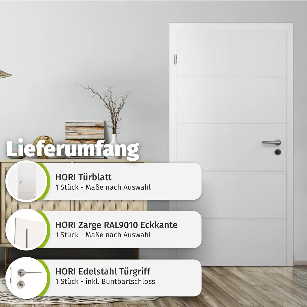 HORI Zimmertür Komplettset mit Zarge und Türdrücker I Innentür weiss lackiert mit 4 Querstreifen I H
