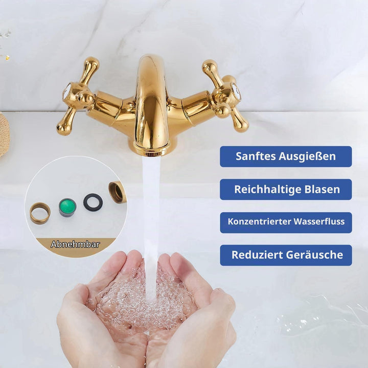 Wasserhahn Armatur Bad Zweigriff Gold, Waschtischarmatur Messing mit Kreuzgriff, Mischbatterie Badez
