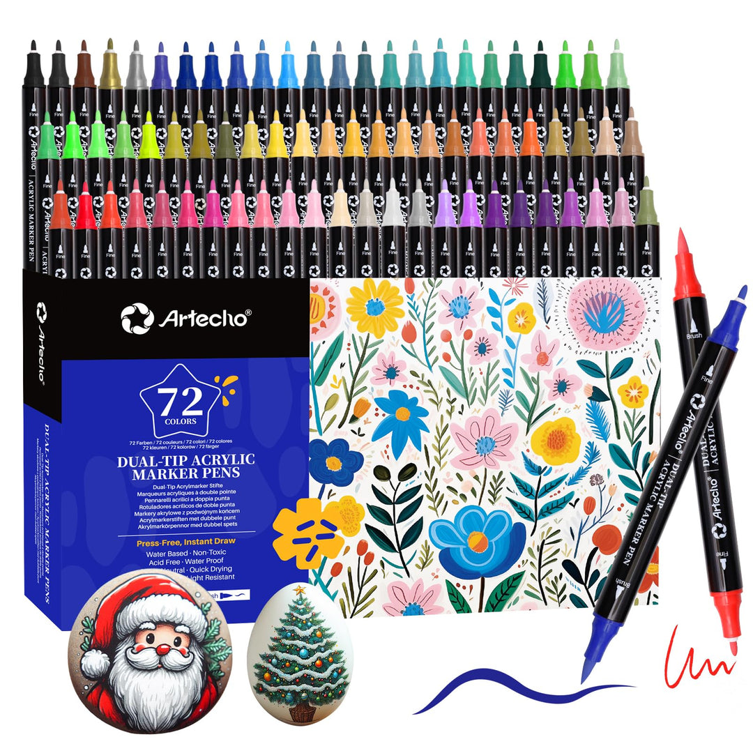 Artecho Acrylstifte 72 Farben, 0.5-5mm Wasserfester Dual Tip Marker (Pinsel und feine Spitze), mit d
