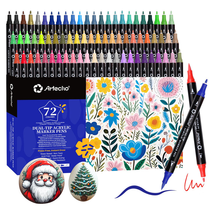 Artecho Acrylstifte 72 Farben, 0.5-5mm Wasserfester Dual Tip Marker (Pinsel und feine Spitze), mit d