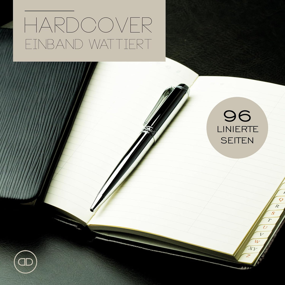 DELMON VARONE - Personalisierbares Adressbuch DIN A6+ gebunden mit A-Z Register Pagila Leder schwarz