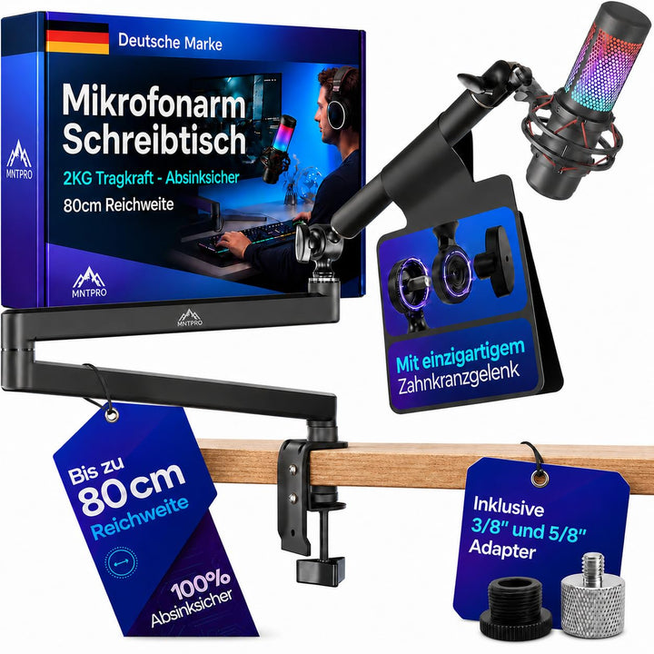 Mikrofonarm Schreibtisch Low Profile – 80 cm Reichweite, 100% absinksicherer Mikrofon Arm, stabiler