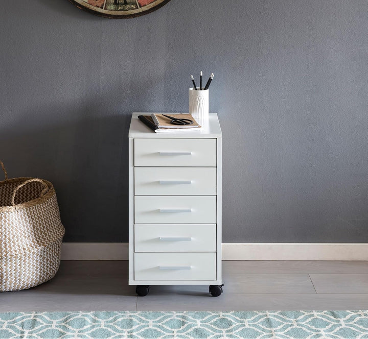 Rollcontainer Weiss 33 x 63 x 38 cm Holz Schubladenschrank Schreibtisch | Büro Schrank mit 5 Schubla