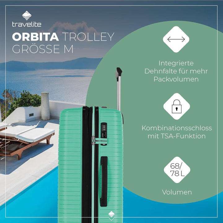 Travelite Hartschalen Koffer mittelgross erweiterbar, 4 Rollen, ORBITA, Trolley mit bruchsicherer Sc