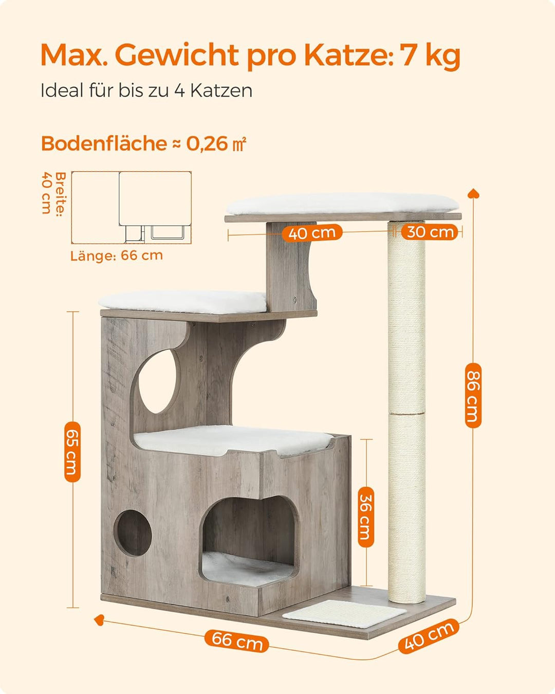 Feandrea Kratzbaum, 86 cm hoher Katzenbaum, Spanplatten-Katzenkratzbaum, mit Höhle, Liegeflächen, Sä