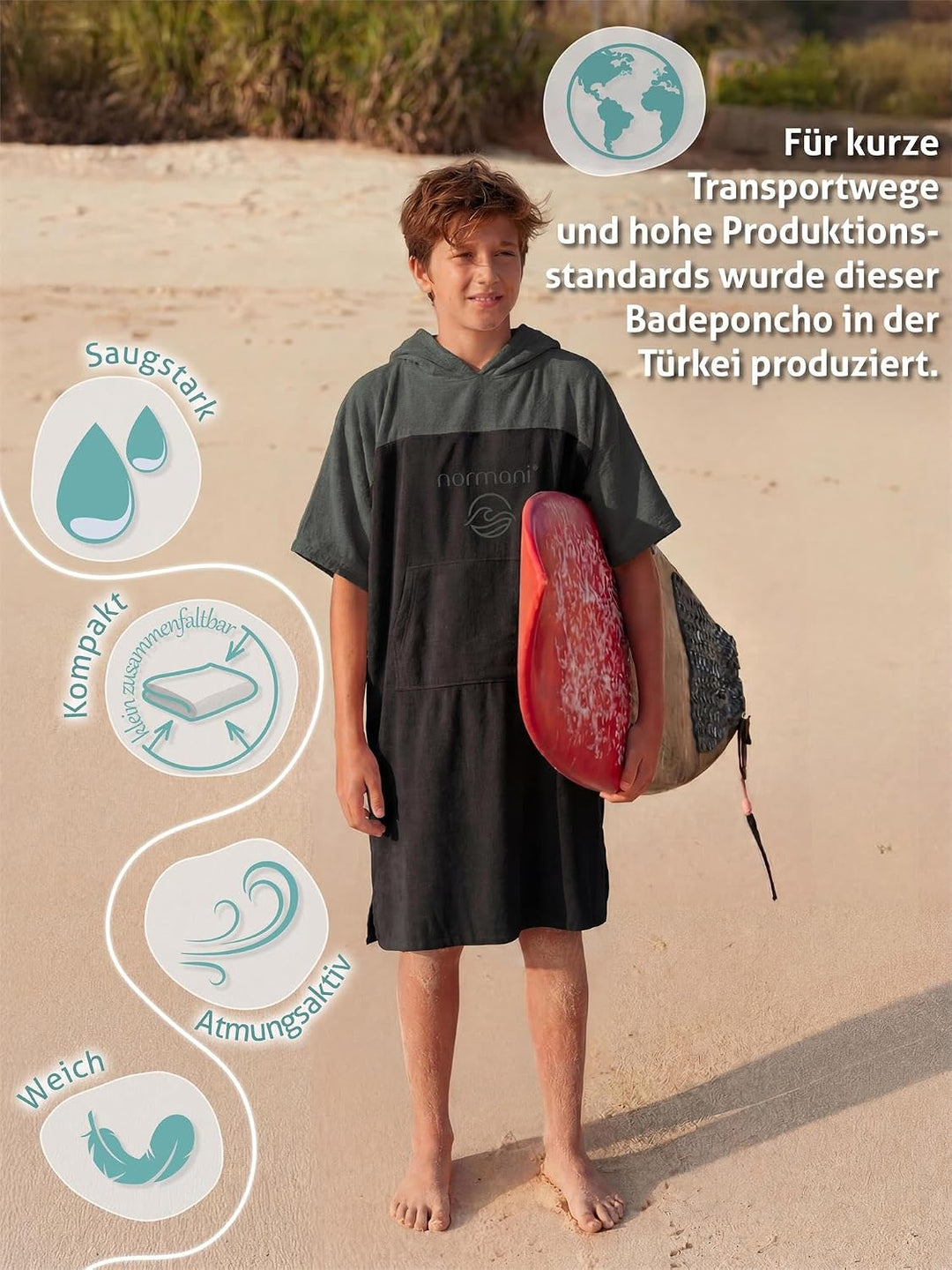 normani Teenager Frottee Badeponcho aus Bio-Baumwolle für Jungen und Mädchen - Strandponcho Surfer P