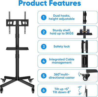 FORGING MOUNT TV Ständer Rollbar für 23-60 Zoll Fernseher, Mobile Fernsehständer mit Rollen Höhenver