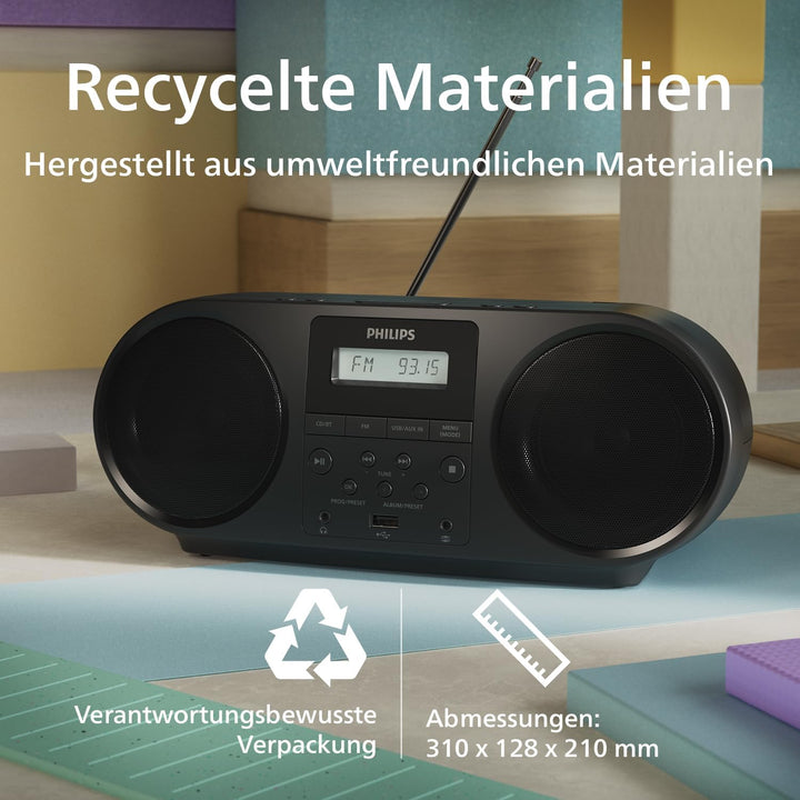 Philips TAZ5000 Multifunktions-CD-Spieler mit FM-Radio, Bluetooth 5.4, USB, Batterie/Netzstrom, Dyna