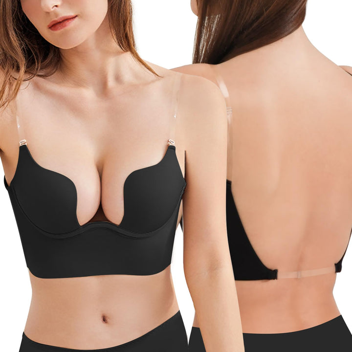 Damen Deep U BH Push Up, Rückenfreier BHS Unterwäsche Abnehmbar Wandelbarer Durchsichtigem Träger, M