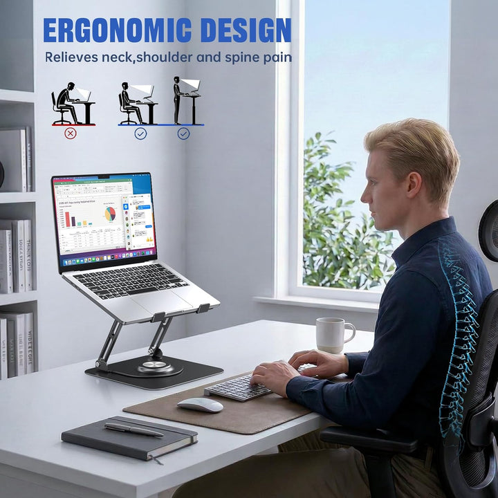 Laptop-Ständer für Schreibtisch, Verstellbarer Computerständer mit 360° drehbarer Basis, Faltbarer u