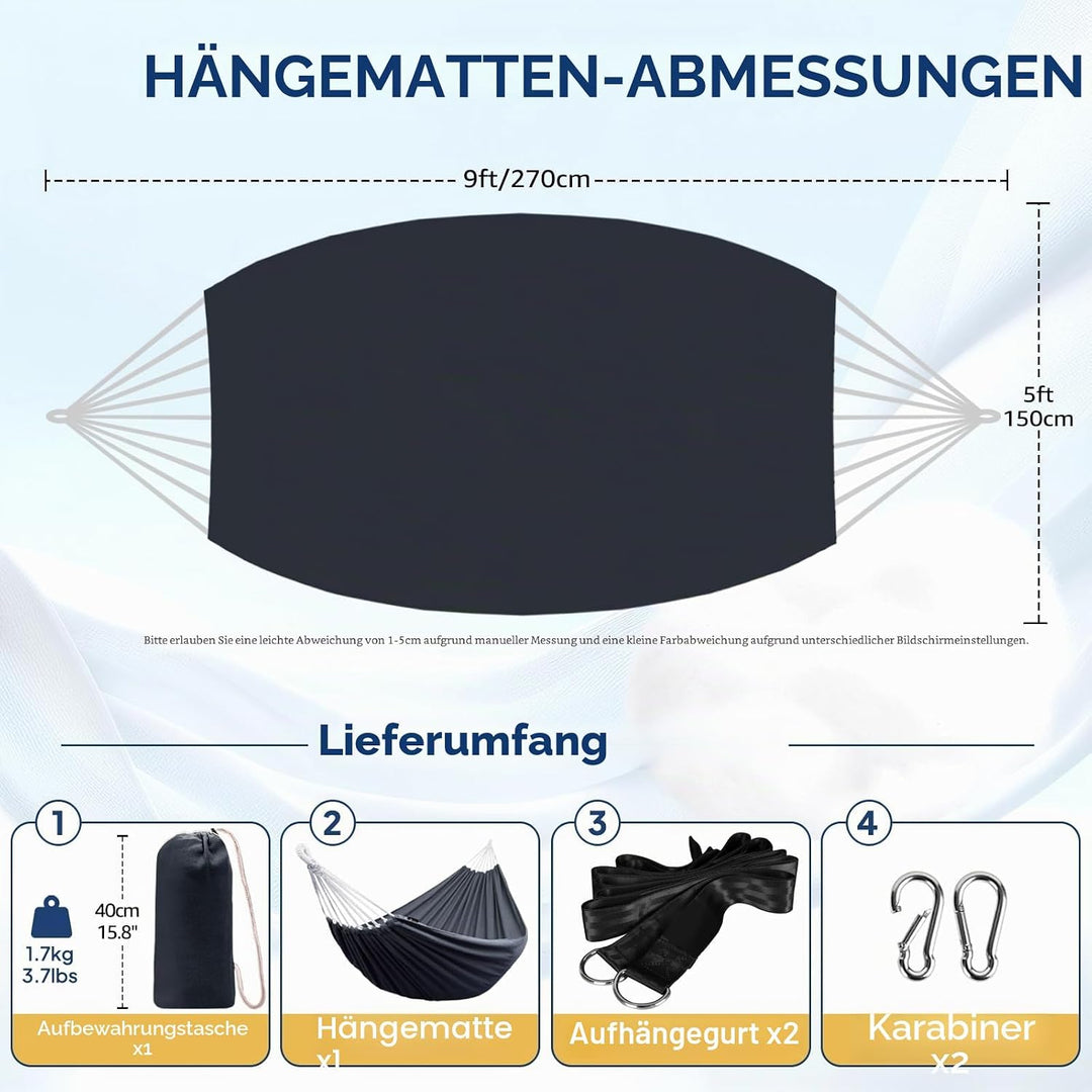ANYOO Hängematte Outdoor Baumwolle Bequemer Stoff mit Baumfreundlichen Gurten zum Aufhängen, Robuste
