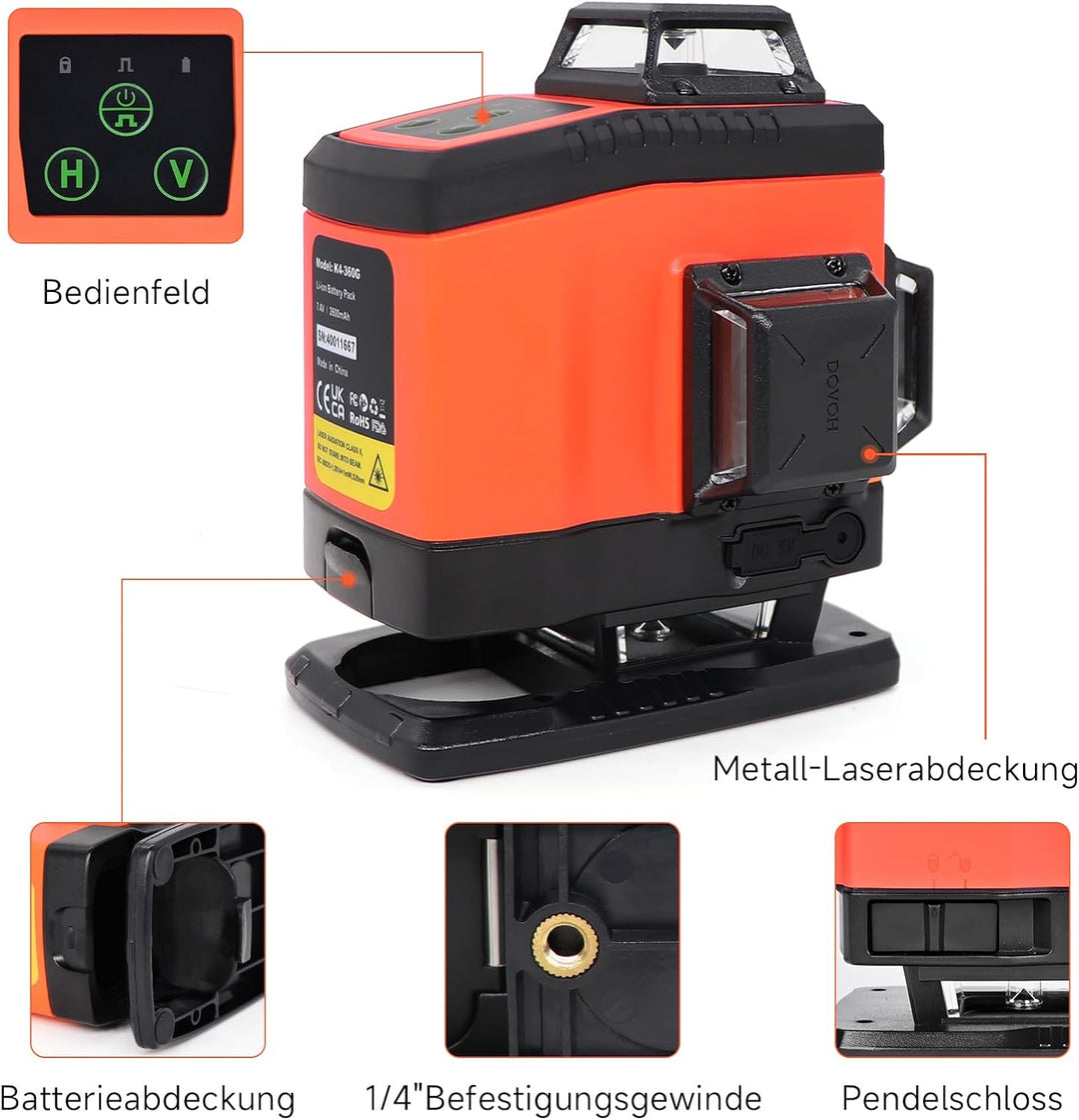 Kreuzlinienlaser grün 4×360, Laser Wasserwaage mit Typ-C-Ladeanschluss, laser nivelliergerät selbstn