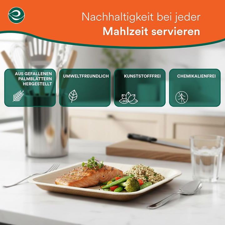ECO SOUL quadratische Palmblatt Teller 25 Cm (10 Zoll) (100 Stück) | 100% kompostierbar & stabil | B