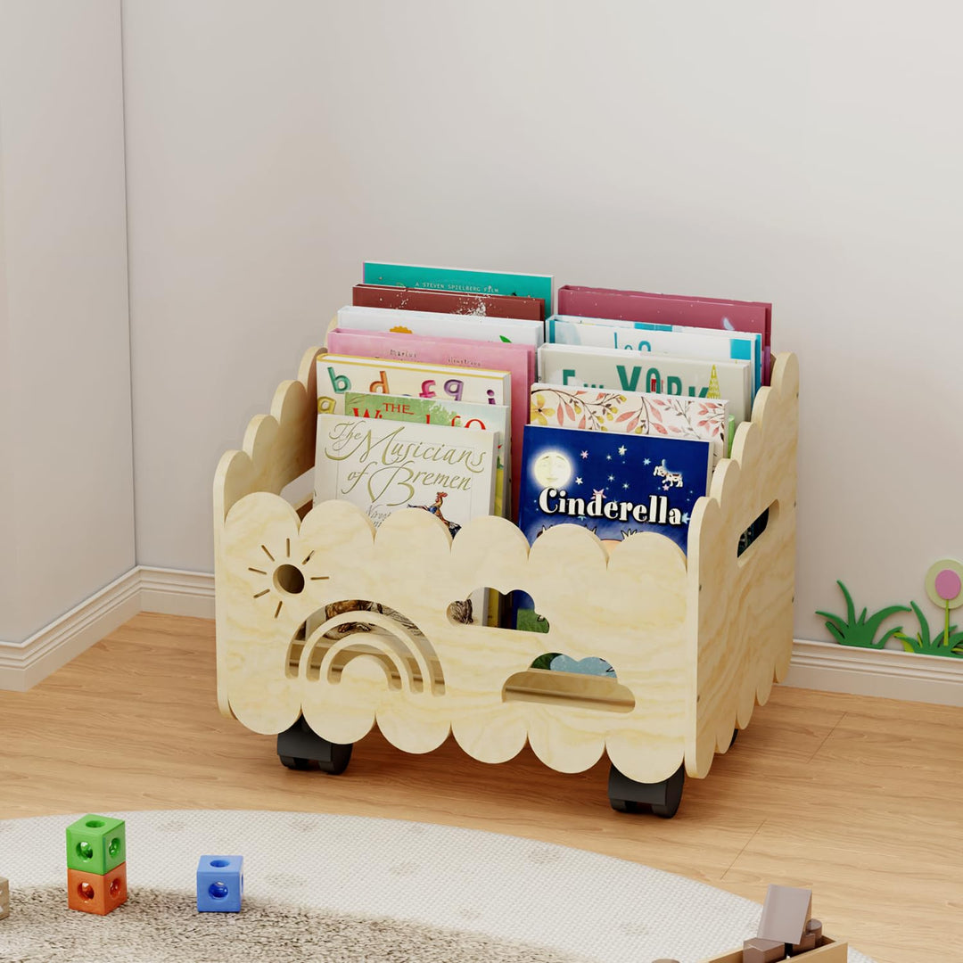 Kinder Bücherregal Holz mit Rollen, Montessori Bücherregal Kinder, Bücherkiste für Leseecke, Babyzim