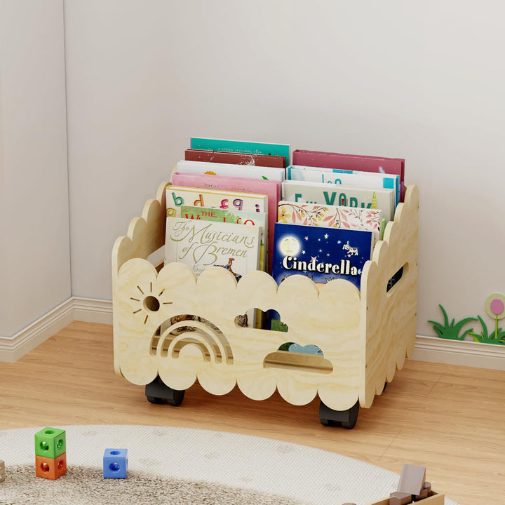Kinder Bücherregal Holz mit Rollen, Montessori Bücherregal Kinder, Bücherkiste für Leseecke, Babyzim