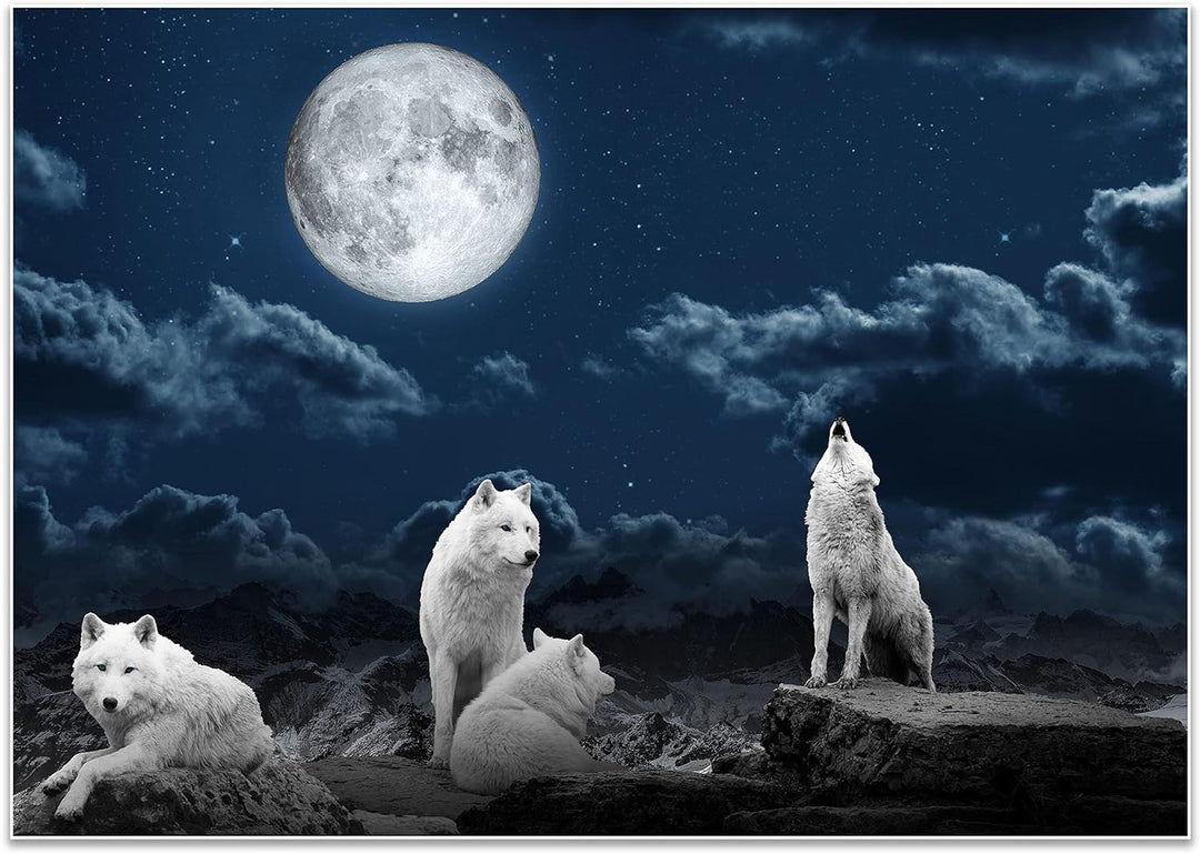 wandmotiv24 Poster als Wanddeko, Grösse Din A0, Wolfsrudel, Wolf, Gemälde, Mond, Wölfe, Felsen, Tier
