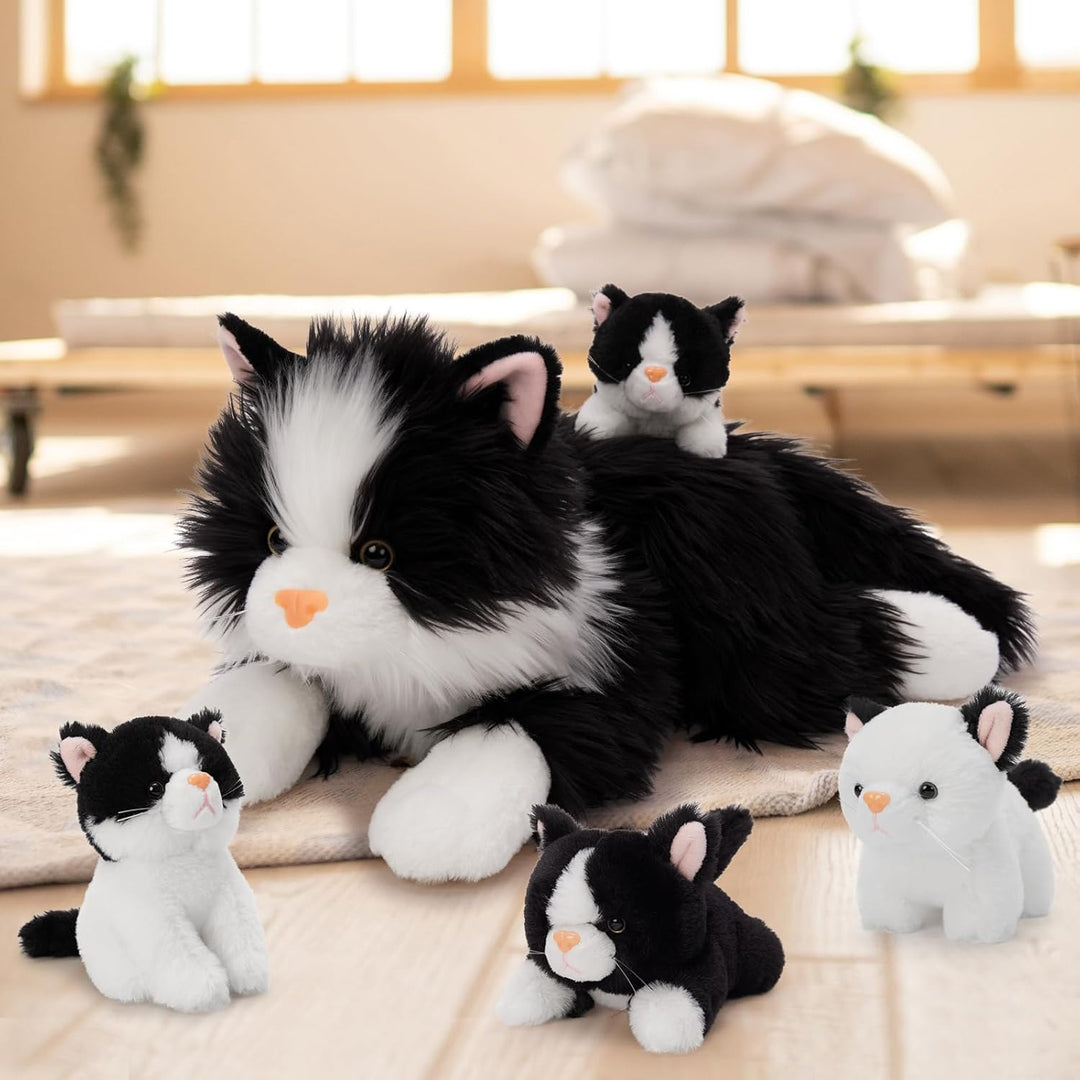 MorisMos 5 stücke Schwarz Katze Kuscheltier XXL Set, 50cm lang riesen Katze Kuscheltier mit Babys im