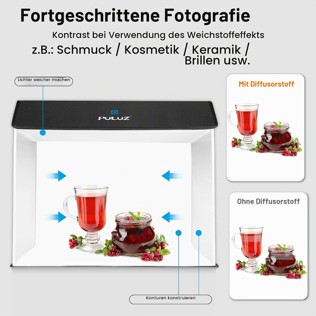 PULUZ Upgrade Fotobox 60x40cm, Fotostudio-Zelt-Set mit dimmbaren 3 Farbtemperaturen 762 LEDs &amp; 4 PVC