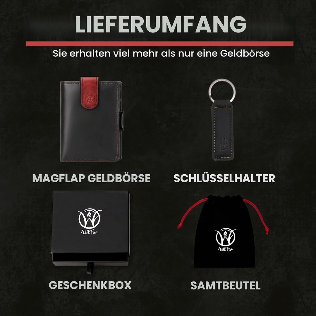 WillFire® MagFlap | Geldbörse Herren | Extra Schlüsselanhänger | Leder Kartenetui für 10-12 Karten |