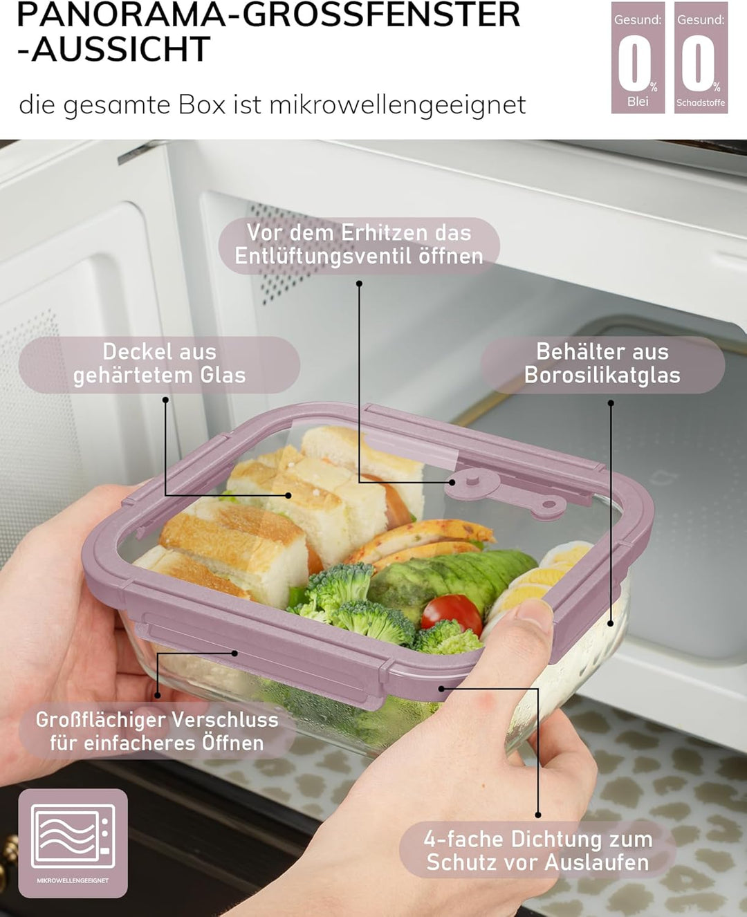5er-Pack Borosilikatglasbehälter mit gehärtetemDeckel, 1040 ml / 4,4 Tassen, luftdichtes Mahlzeiten-