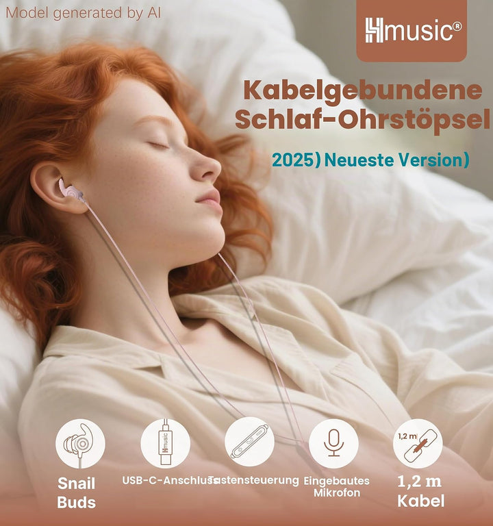 Hmusic Schlaf Ohrhörer, 30dB Geräuschisolierung, 2g leicht USB C Kopfhörer, flach/dünn Komfortable S