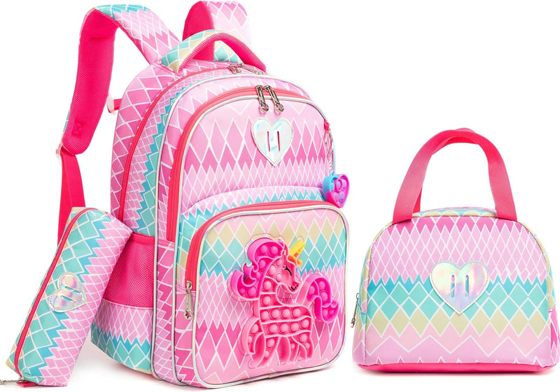 HTgroce Schulranzen Mädchen Set 3 Teilig Pop Push It Schultasche Mädchen 1. klasse einhorn rucksack