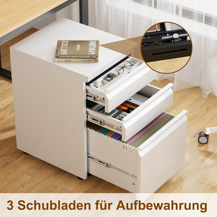 Rollcontainer, Aktenschrank Abschliessbar mit 4 Schlüsseln, Aktenschrank unter Schreibtisch, mit 3 S