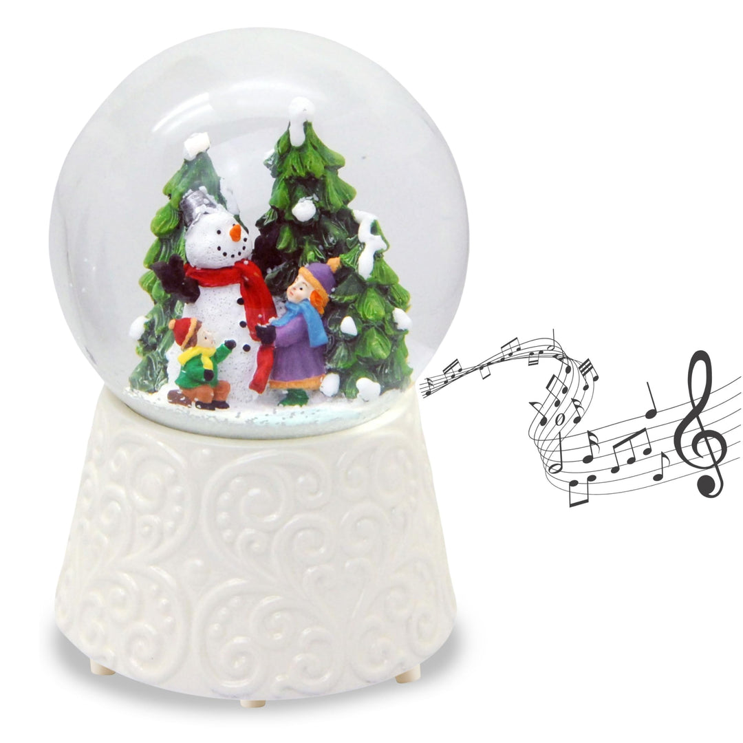 Schneekugel Weihnachten Spieluhr | Kinder Bauen Schneemann | Ornament Sockel weiss | Höhe 140mm Brei