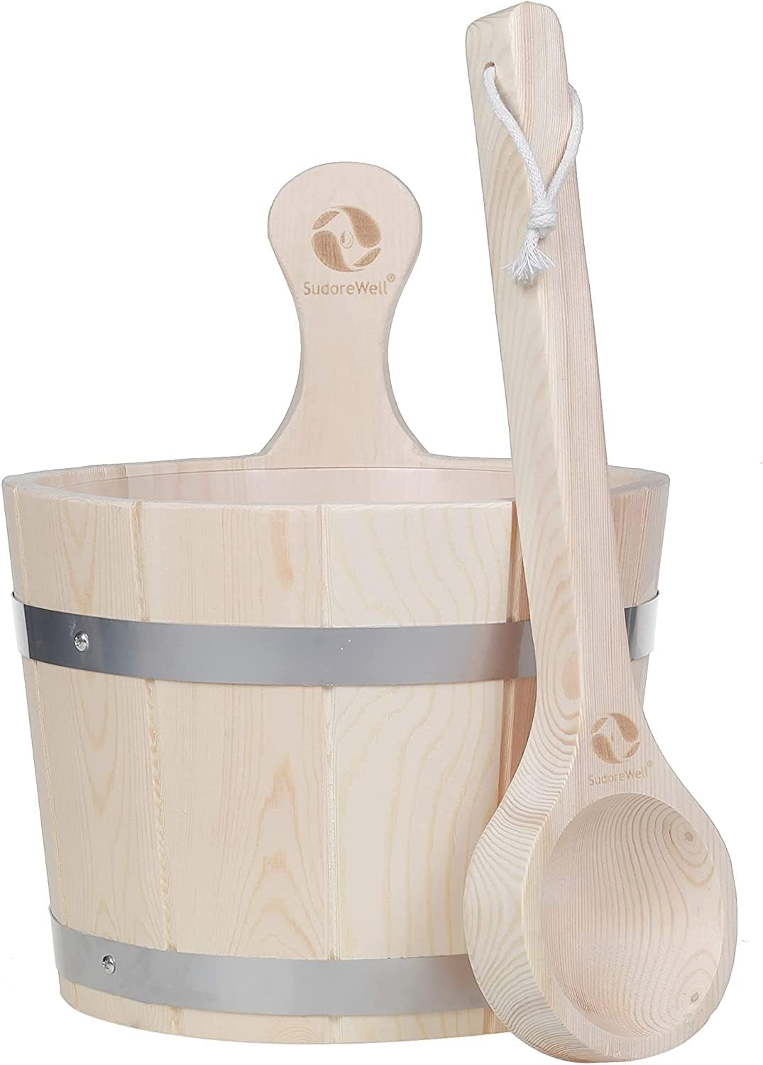 SudoreWell® Saunakübel Set 5 Liter aus Kiefernholz mit Kunststoffeinsatz und zwei Stahlbandstreifen