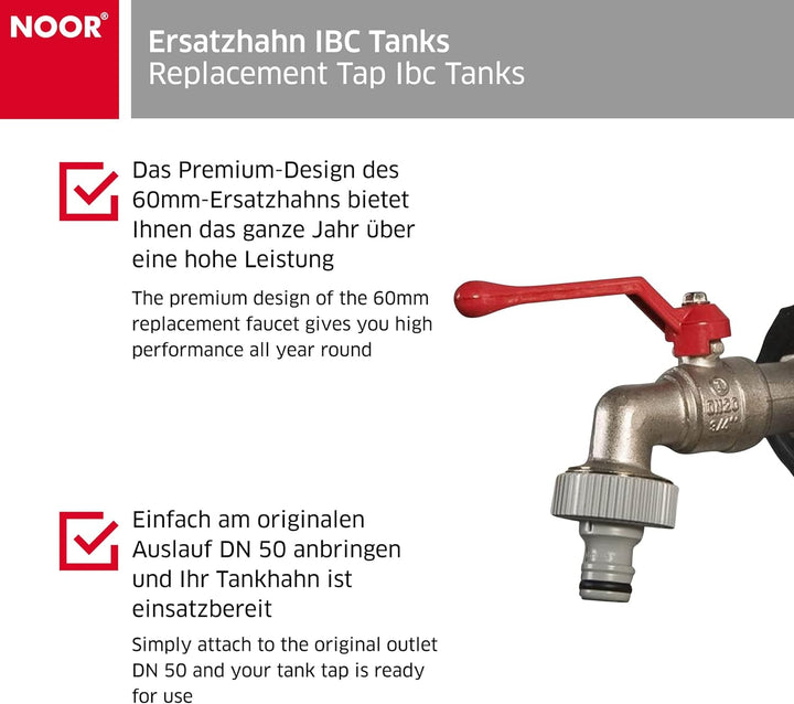 NOOR Ersatzhahn für IBC Tanks inkl. Gardena Adapter I 3/4-inch (1,9cm) Ersatz-Tankhahn mit 60mm DN50