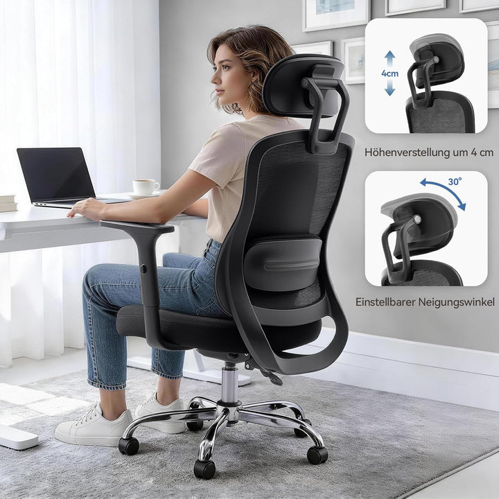 naspaluro Ergonomischer Bürostuhl mit Netzrücken, höhenverstellbar, feststellbare Rückenlehne, Schre