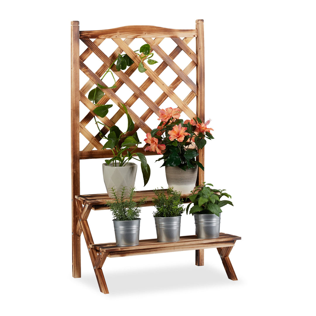 Relaxdays Blumentreppe mit Rankgitter, Blumenregal 2 Ebenen, stehende Pflanzentreppe Holz, HBT: 109x